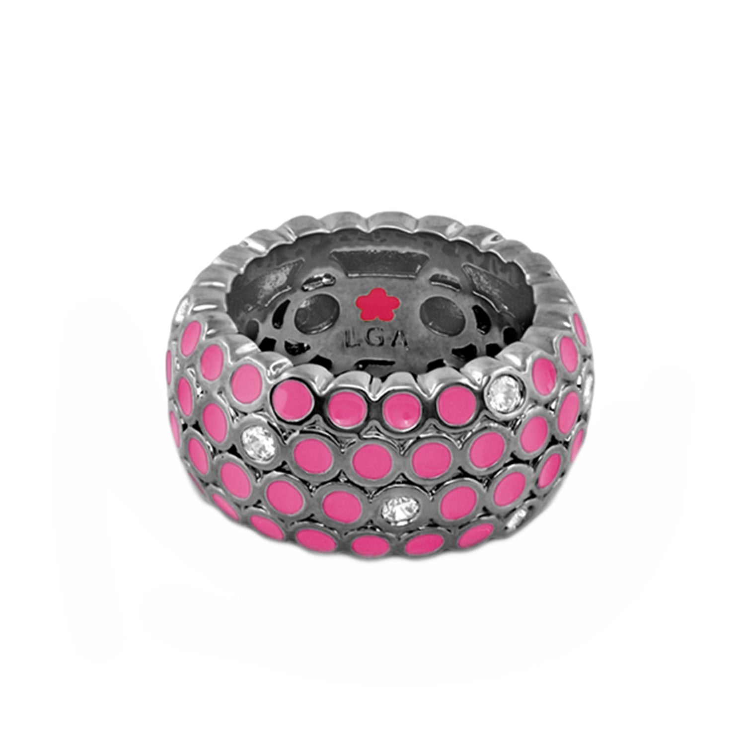 Fun Bubbles Band Ring by Lauren G Adams with pink enamel dots on silver band with crystals on Tampa Home & Garden Store