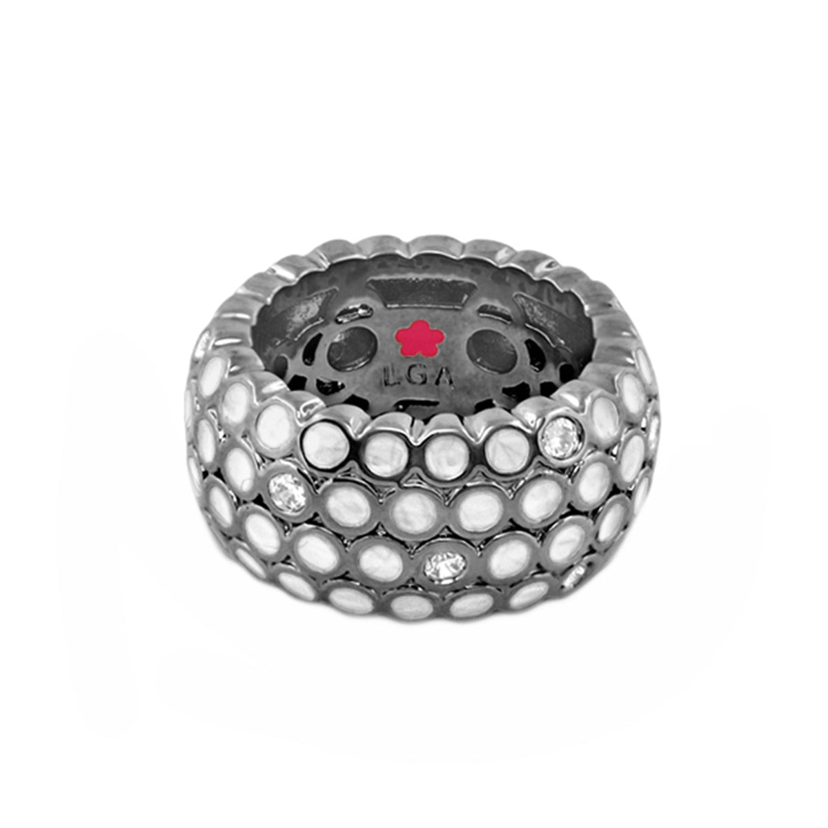 Fun Bubbles Band Ring by Lauren G Adams, silver-tone bubble-dotted ring with pink enamel flower on Tampa Home & Garden Store
