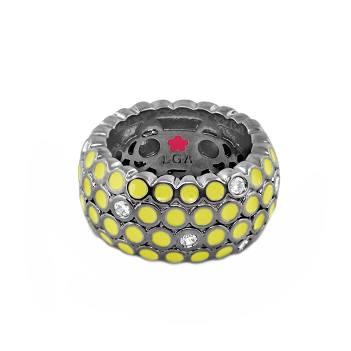 Fun Bubbles Band Ring enamel dot row by Lauren G Adams; silver ring with yellow enamel dots on Tampa Home & Garden Store