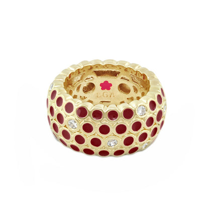 Fun Bubbles Band Ring, gold tone with red enamel dots, Lauren G Adams stamp inside on Tampa Home & Garden Store
