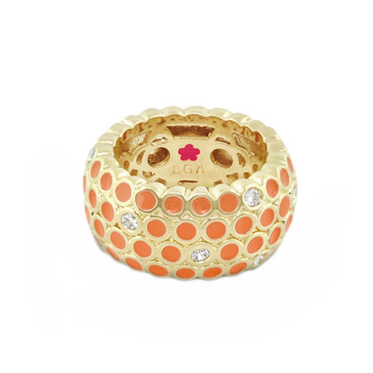 Fun Bubbles Band Ring by Lauren G Adams, enamel orange dot row on gold tone with crystals on Tampa Home & Garden Store