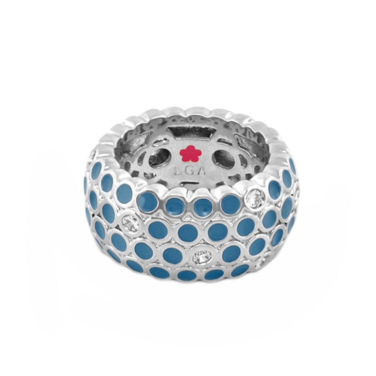 Fun Bubbles Band Ring with blue enamel dots on a silver band, crystal accents by Lauren G Adams on Tampa Home & Garden Store