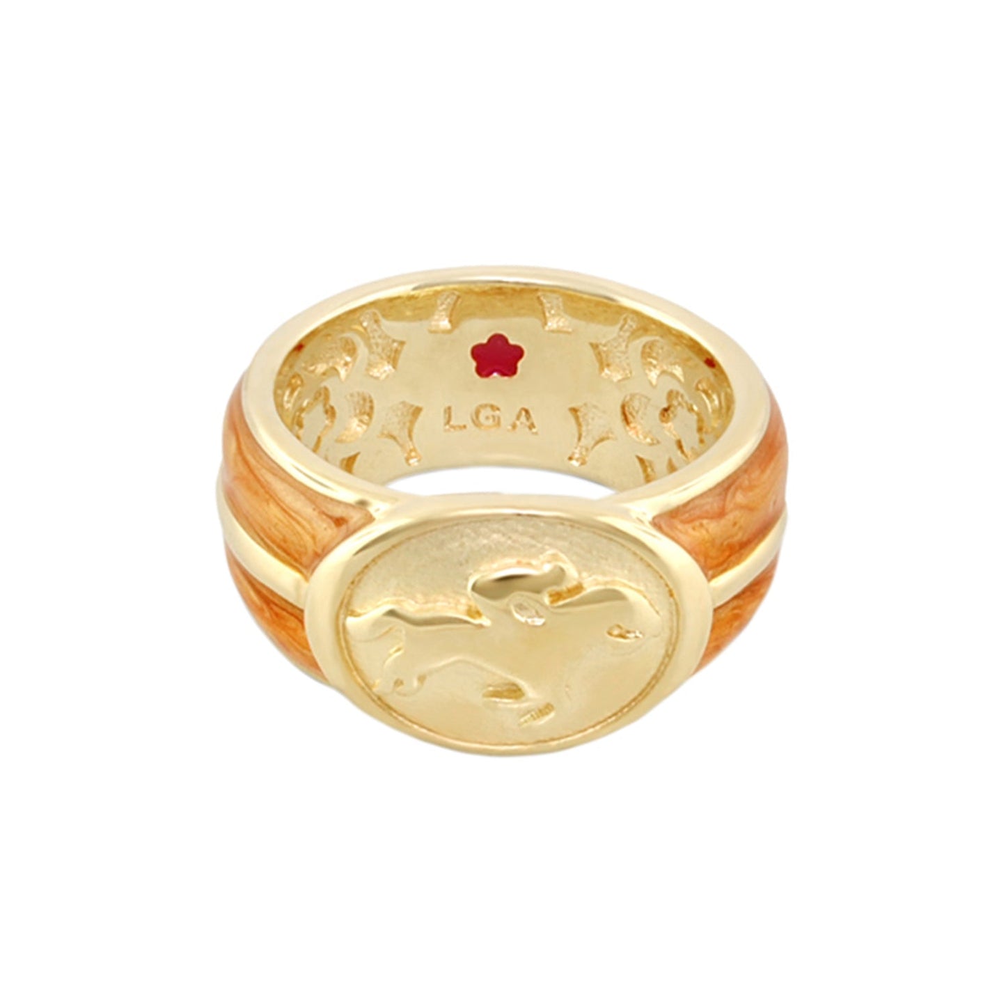 Equestrian Ring White Jockey Medallion by Lauren G Adams, gold-tone band with wood inlay on Tampa Home & Garden Store