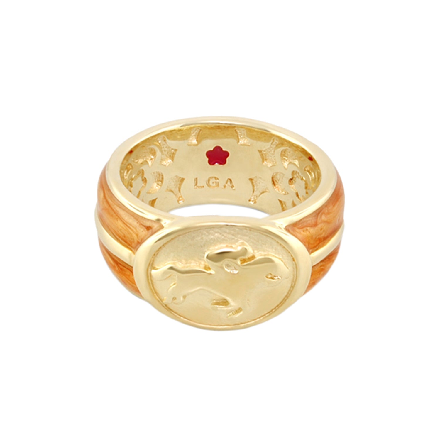 Equestrian Ring White Jockey Medallion by Lauren G Adams, gold-tone band with wood inlay on Tampa Home & Garden Store