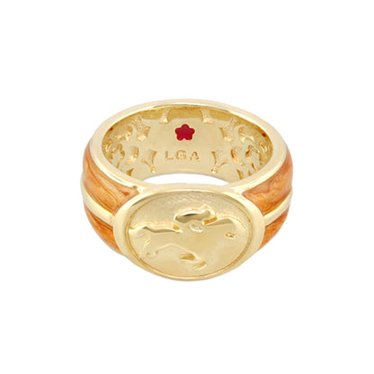 Equestrian Ring White Jockey Medallion by Lauren G Adams, gold-tone band with wood inlay on Tampa Home & Garden Store