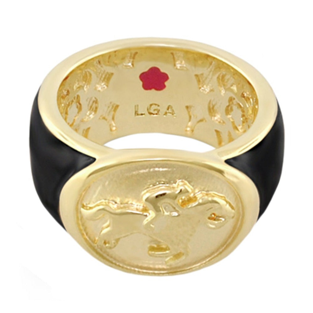 Equestrian Ring Black Jockey Medallion by Lauren G Adams gold-tone band and black enamel on Tampa Home & Garden Store