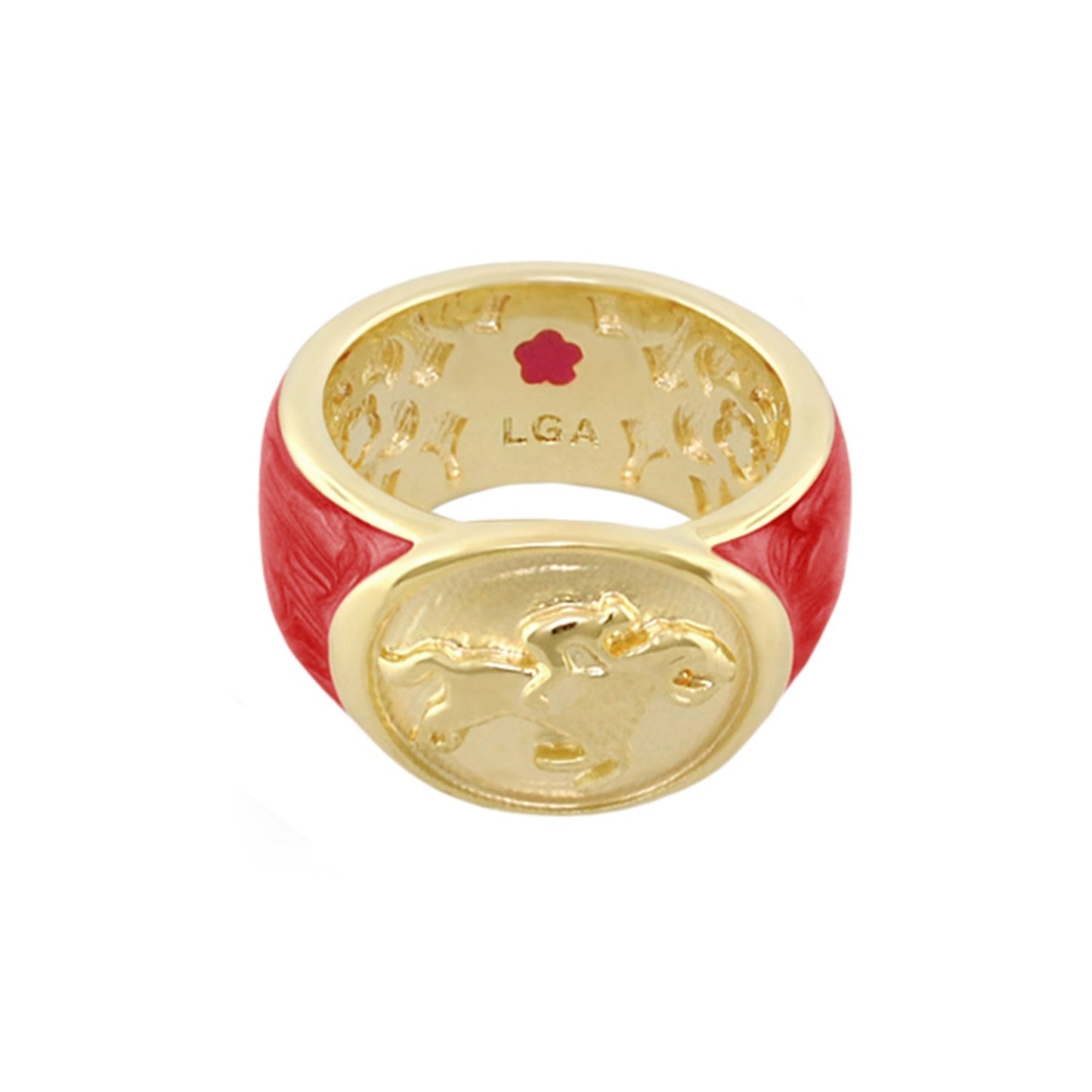 Equestrian Ring — Black Jockey Medallion, gold-tone band with red leather strap and horse head medallion LGA on Tampa Home & Garden Store