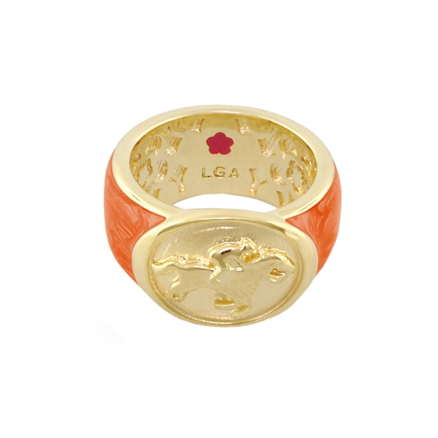 Equestrian Band Ring with orange enamel and gold medallion with horse head LGA engraving on Tampa Home & Garden Store
