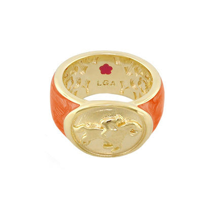 Equestrian Band Ring with orange enamel and gold medallion with horse head LGA engraving on Tampa Home & Garden Store