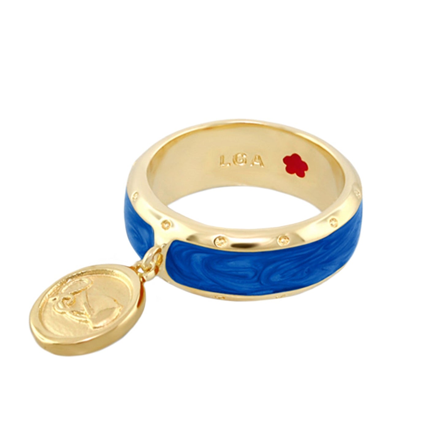 Equestrian Ring Coin Charm by Lauren G Adams, gold band with blue enamel and coin pendant on Tampa Home & Garden Store