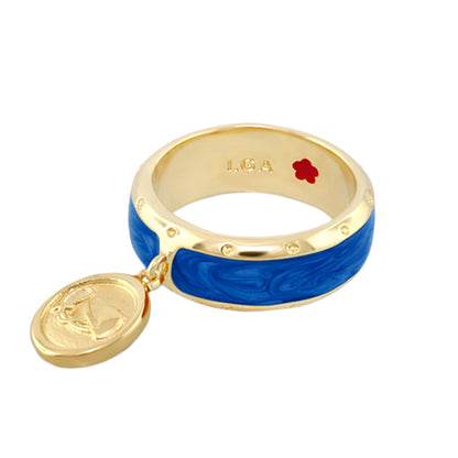 Equestrian Ring Coin Charm by Lauren G Adams, gold band with blue enamel and coin pendant on Tampa Home & Garden Store