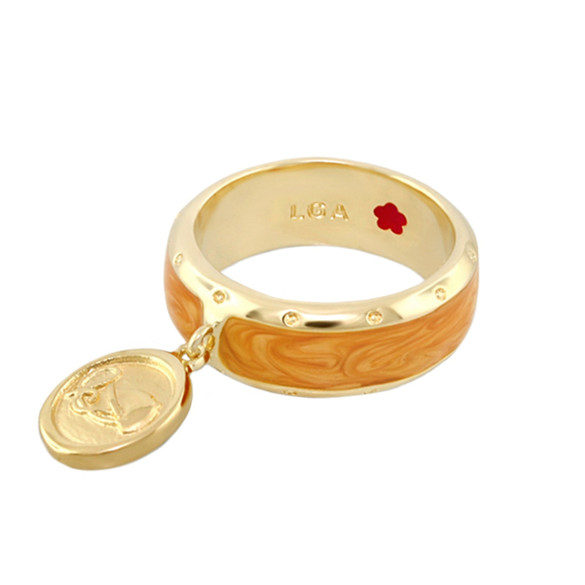 Equestrian Ring Coin Charm gold band with orange marbled enamel and crystal accents by Lauren G Adams on Tampa Home & Garden Store
