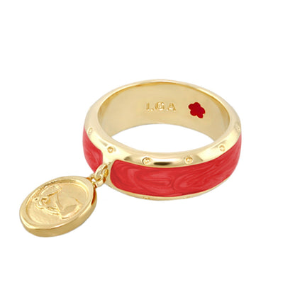 Equestrian Ring Coin Charm gold-tone band with red enamel wrap LGA inside red clover mark dangling coin charm on Tampa Home & Garden Store