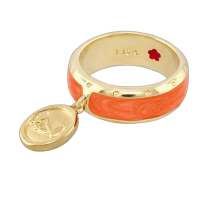 Equestrian Ring Coin Charm band ring gold-tone with orange enamel, LGA inner stamp on Tampa Home & Garden Store