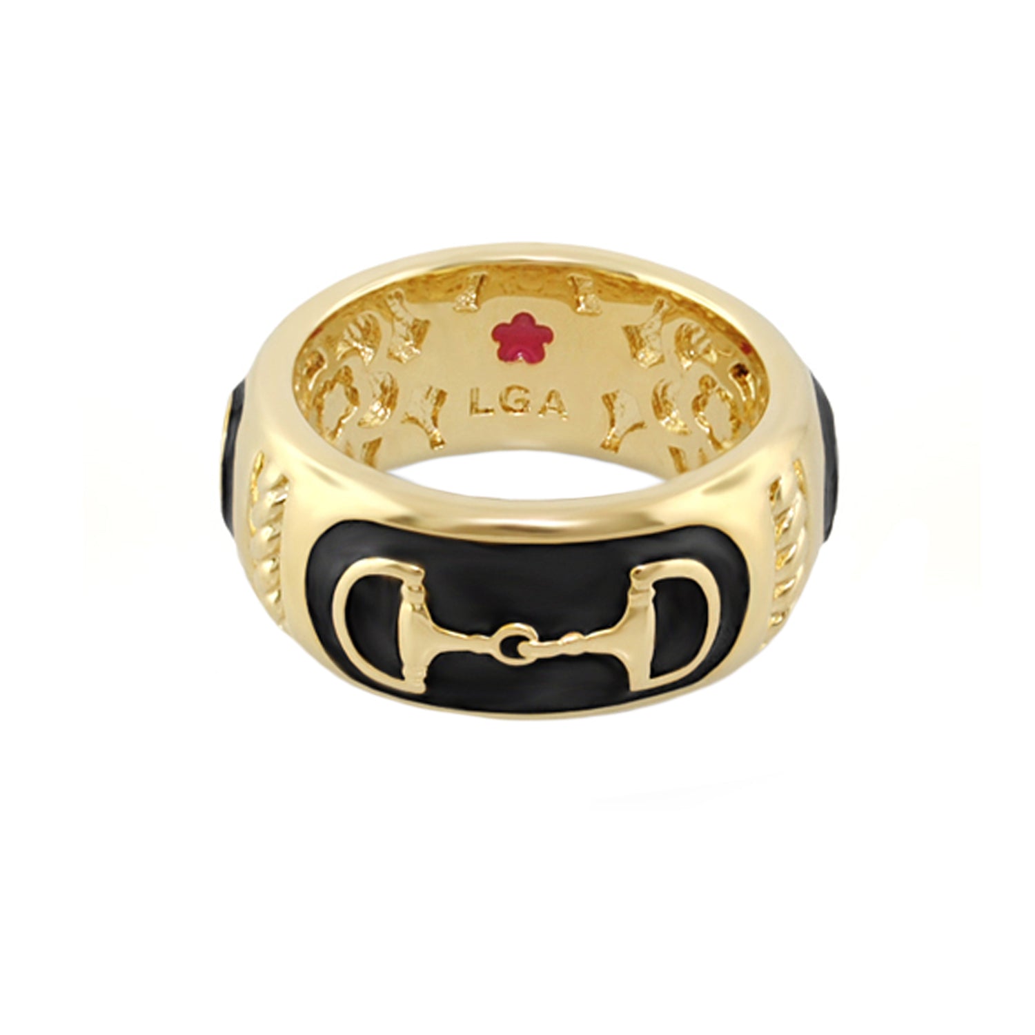 Equestrian stirrup ring in gold with black enamel horsebit motif, Lauren G Adams LGA inner mark on Tampa Home & Garden Store