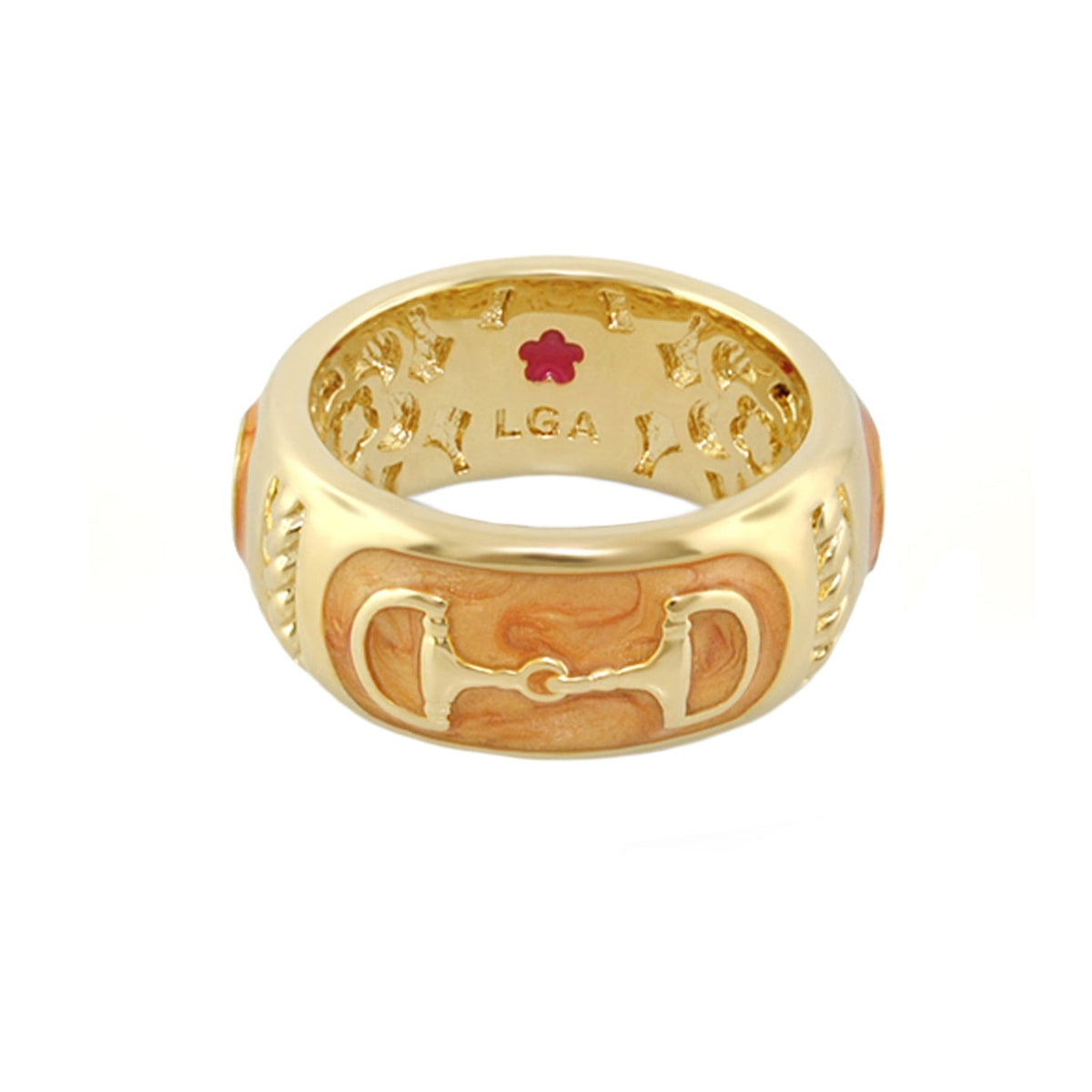Lauren G Adams equestrian stirrup ring, gold band with brown horsebit inlay, LGA inside on Tampa Home & Garden Store