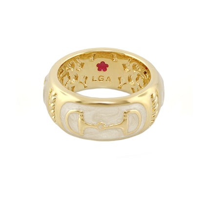 Equestrian stirrup ring by Lauren G Adams, gold-tone band with white enamel horsebit motif on Tampa Home & Garden Store