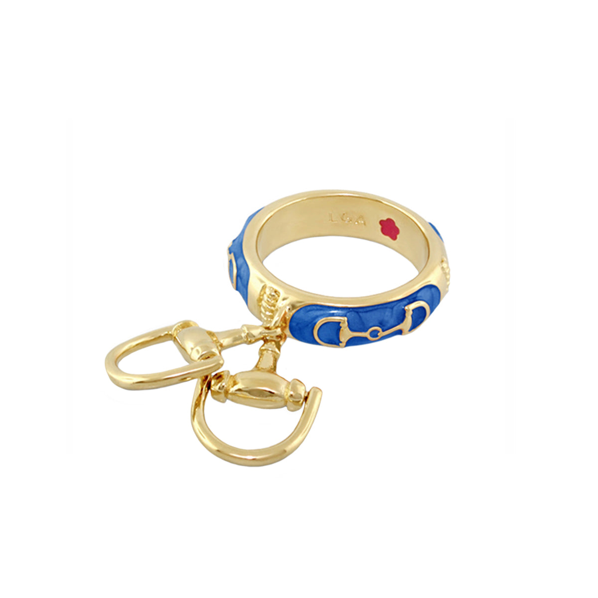 Lauren G Adams gold equestrian stirrup ring with blue enamel horsebit charm, stackable ring on Tampa Home & Garden Store