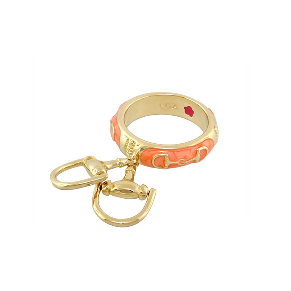 Equestrian Stirrup Ring Horsebit Charm gold-tone ring with coral enamel accents on Tampa Home & Garden Store