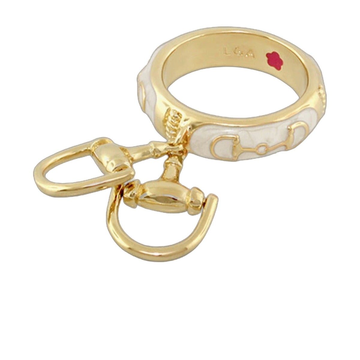 Lauren G Adams Equestrian Stirrup Ring with gold finish and white enamel horsebit charm on Tampa Home & Garden Store