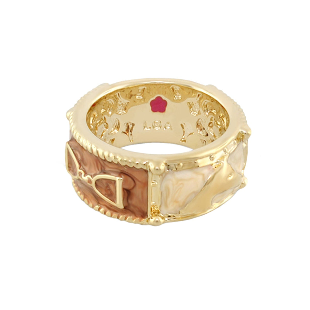 Gold-tone Lauren G Adams band ring with coral and blush enamel and equestrian motif; LGA stamp on Tampa Home & Garden Store