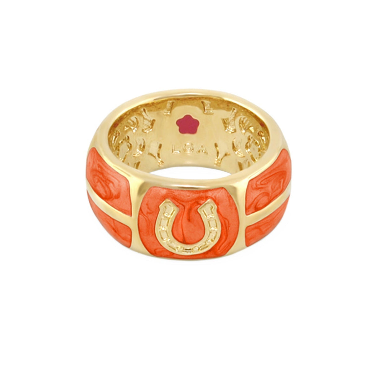 Equestrian horseshoe ring, Lauren G Adams gold band with orange enamel panels on Tampa Home & Garden Store