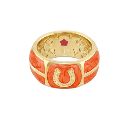 Equestrian horseshoe ring, Lauren G Adams gold band with orange enamel panels on Tampa Home & Garden Store