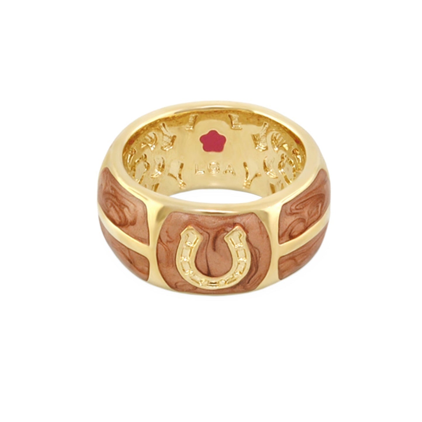 Equestrian Horseshoe Ring by Lauren G Adams, gold-tone band with brown wood inlay and horseshoe motif on Tampa Home & Garden Store