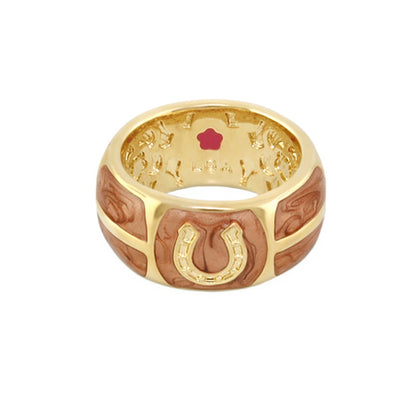 Equestrian Horseshoe Ring by Lauren G Adams, gold-tone band with brown wood inlay and horseshoe motif on Tampa Home & Garden Store