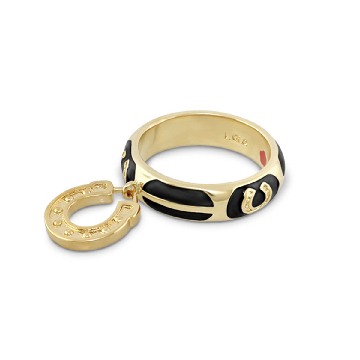 Horseshoe Ring gold stackable ring with black enamel accents and attached horseshoe charm on Tampa Home & Garden Store