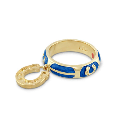 Horseshoe Equestrian Ring by Lauren G Adams; gold ring with blue enamel and horseshoe charm on Tampa Home & Garden Store