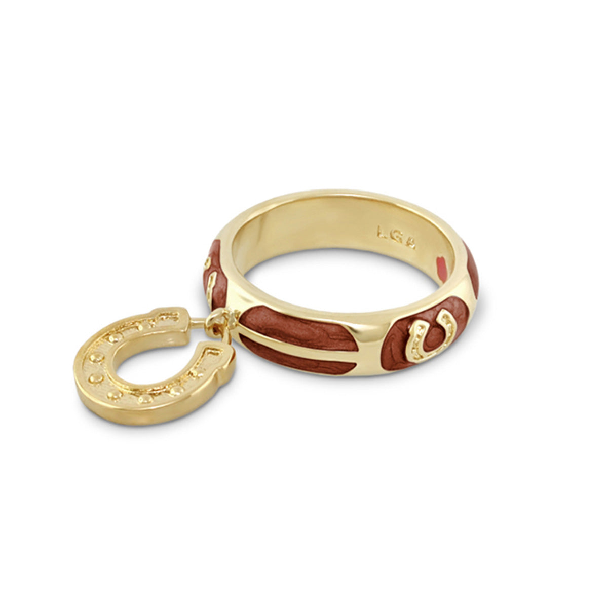 Horseshoe Equestrian Ring; gold-tone band with red enamel accents and a hanging horseshoe charm on Tampa Home & Garden Store