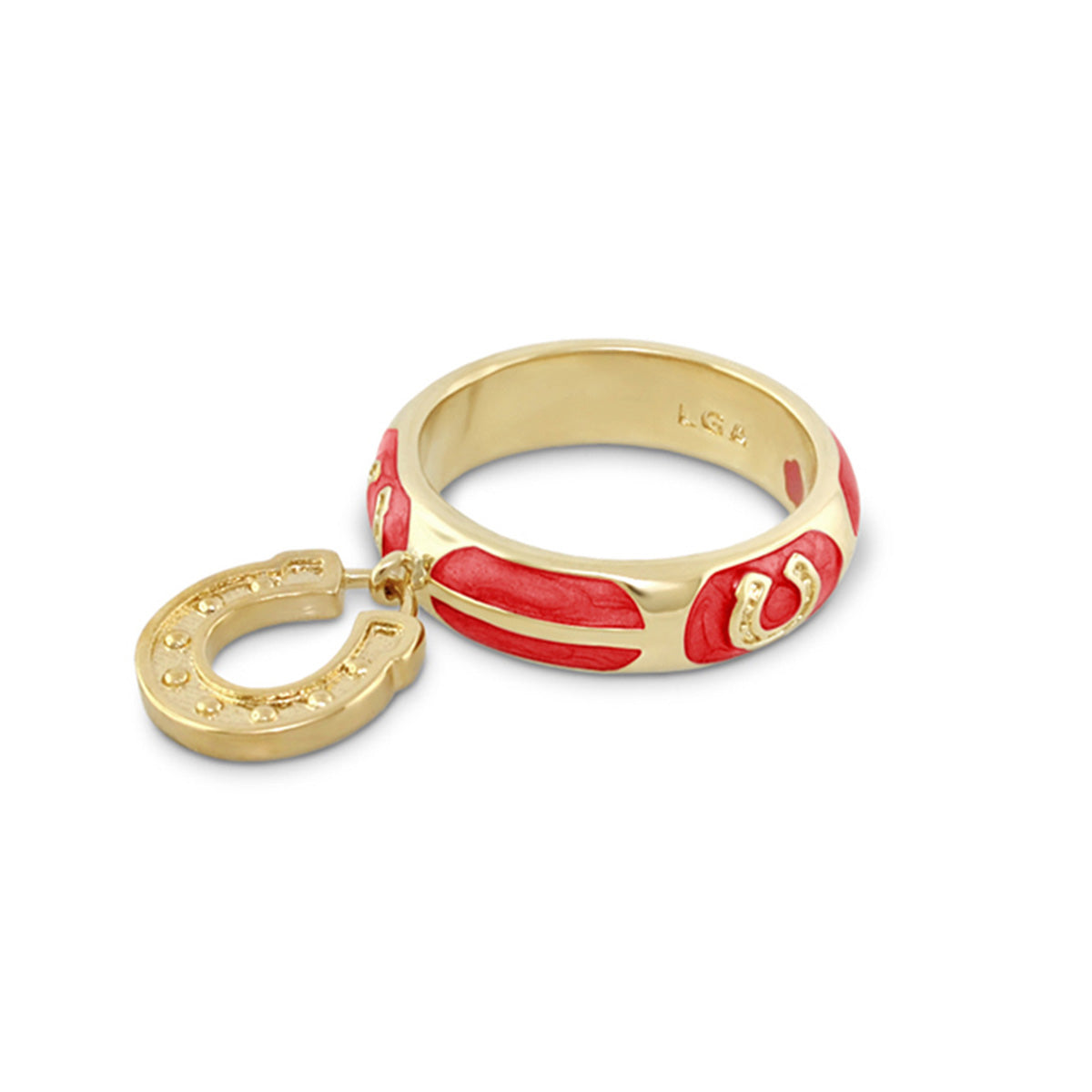 Horseshoe Ring by Lauren G Adams, gold-tone ring with red enamel and horseshoe charm on Tampa Home & Garden Store