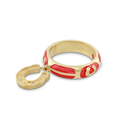 Horseshoe Ring by Lauren G Adams, gold-tone ring with red enamel and horseshoe charm on Tampa Home & Garden Store