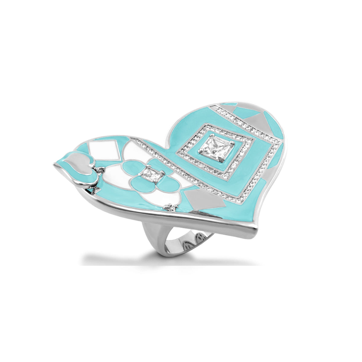 Fantasy Cocktail Ring Lauren G Adams, turquoise enamel heart with square motif, silver on Tampa Home & Garden Store