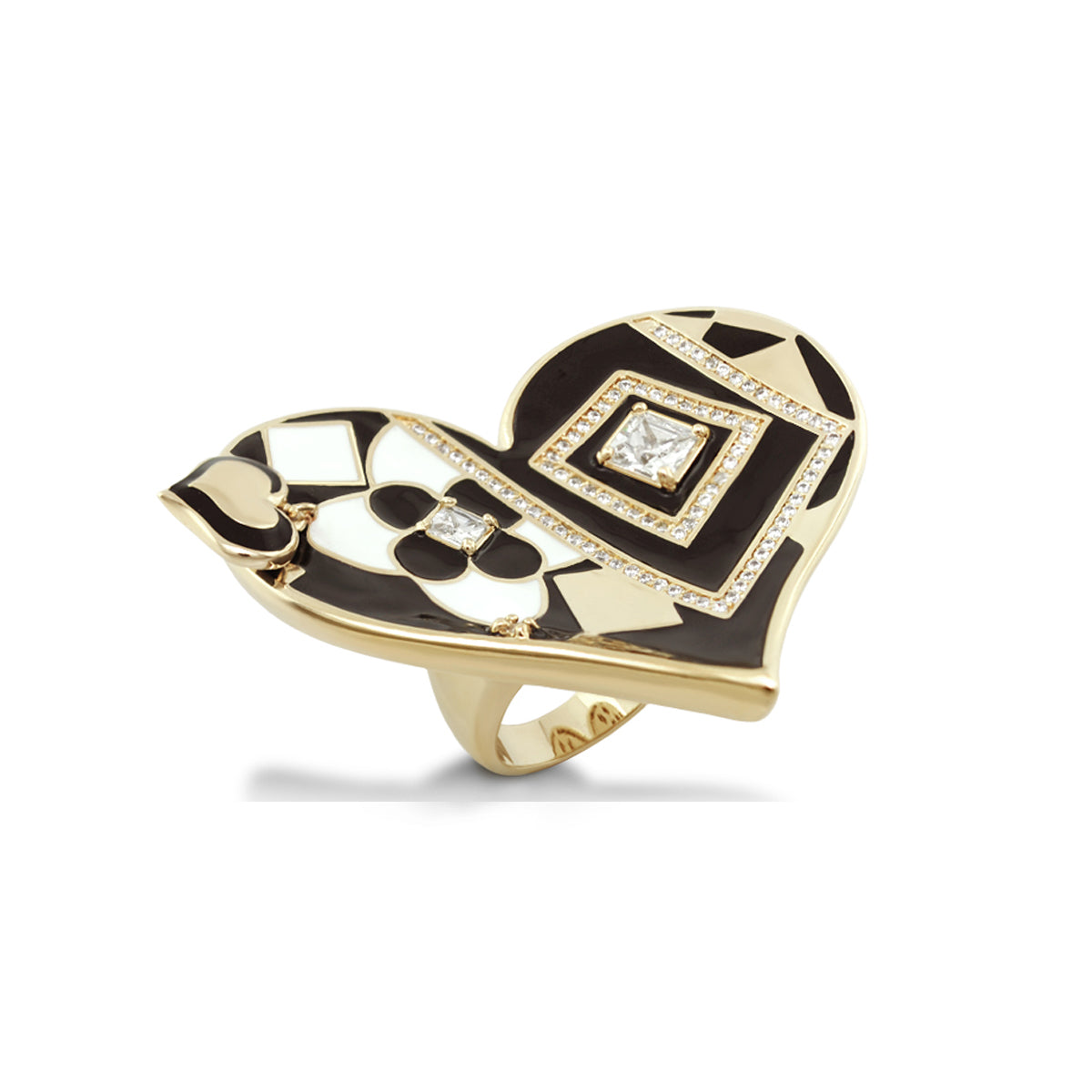 Fantasy Cocktail Ring gold-tone black enamel heart with diamond-studded geometric squares on Tampa Home & Garden Store