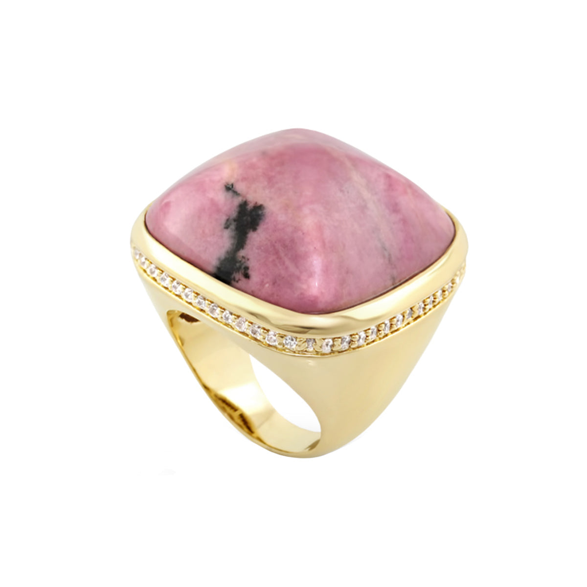 Chunky Town Ring — Pavé-Trim Cushion pink rhodonite, gold-tone band with pavé diamonds on Tampa Home & Garden Store