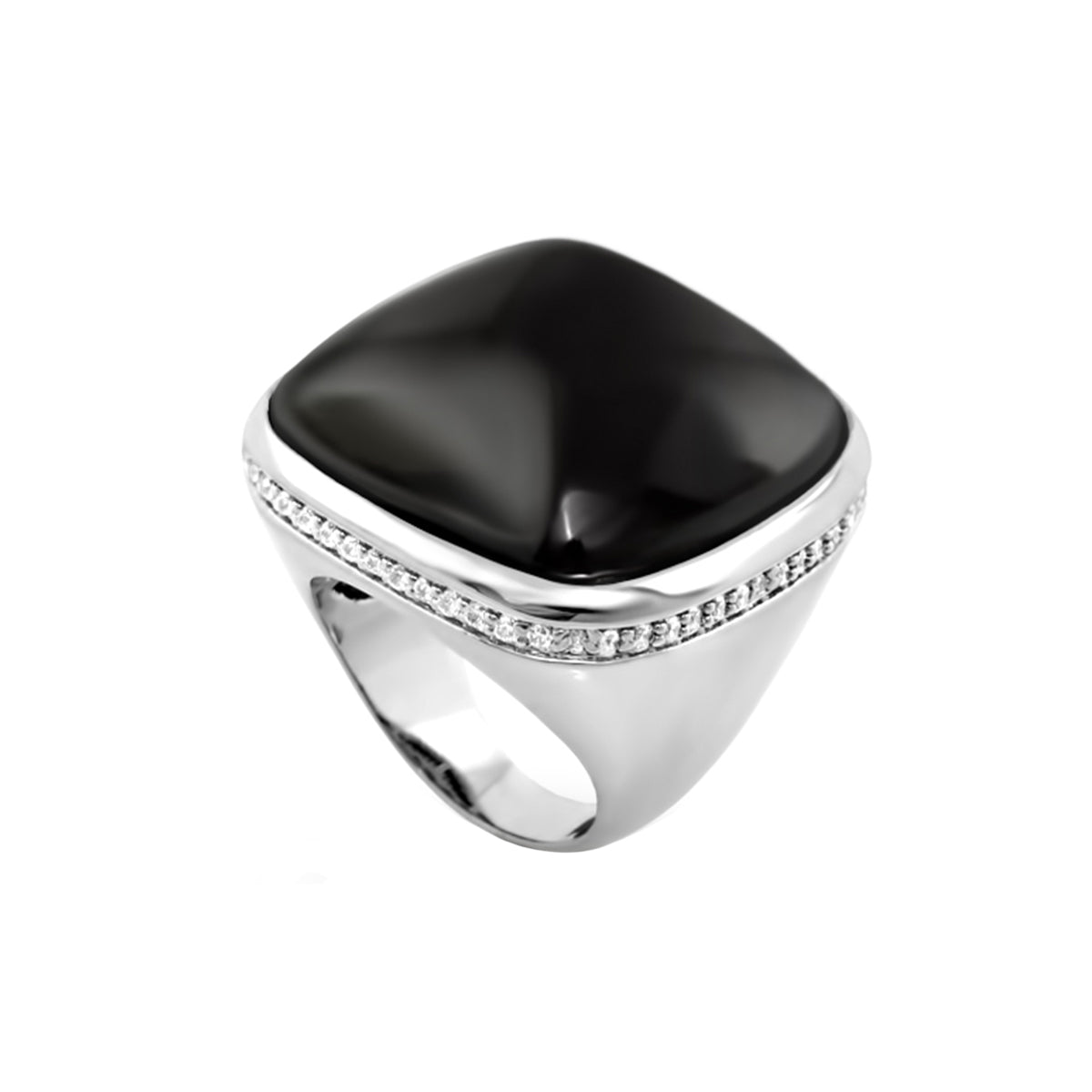 Chunky Town Ring Pavé-Trim Cushion with black stone, silver setting cocktail ring on Tampa Home & Garden Store