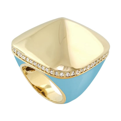 Chunky Town Ring Polished Cushion cocktail ring in gold with turquoise enamel and diamond on Tampa Home & Garden Store
