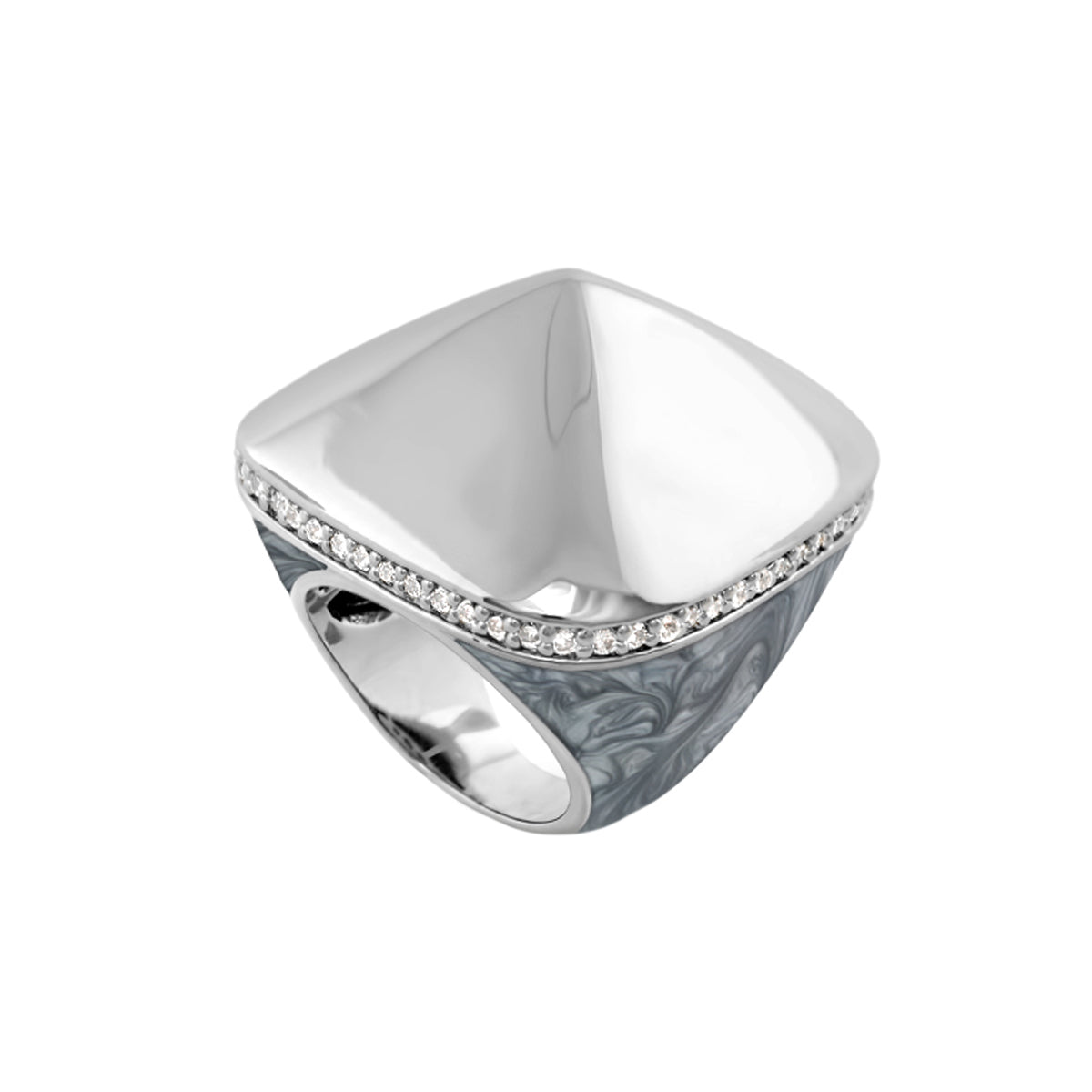 Chunky Town Ring Polished Cushion cocktail ring with square silver top, marbled resin band on Tampa Home & Garden Store