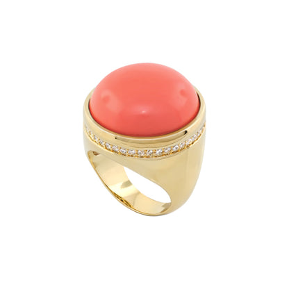 Chunky Town Ring - Pavé-Trim Dome, gold tone with coral cabochon and pavé diamond band on Tampa Home & Garden Store