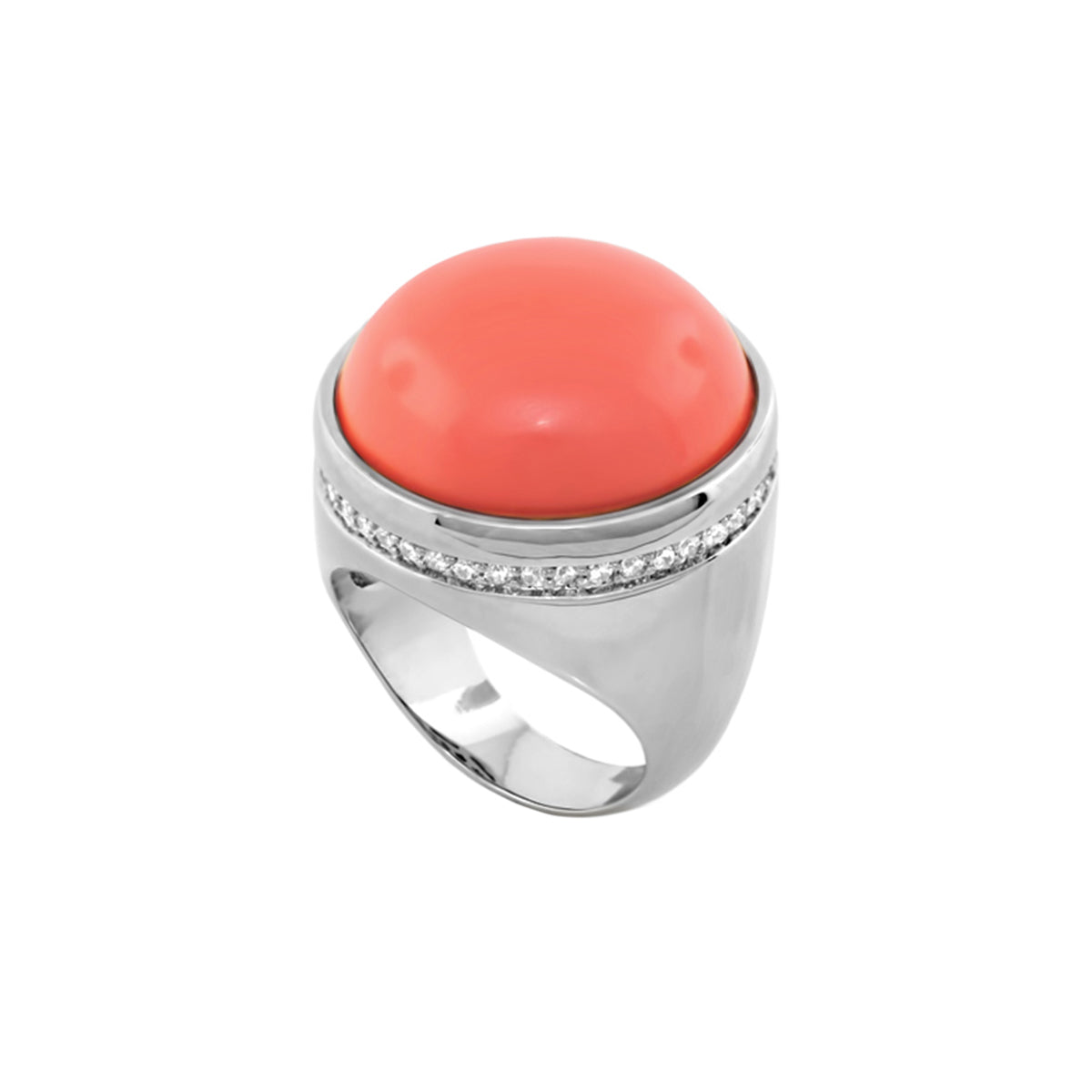 Chunky Town Ring Pavé-Trim Dome coral cabochon ring with pavé diamonds and silver band on Tampa Home & Garden Store