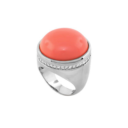 Chunky Town Ring Pavé-Trim Dome coral cabochon ring with pavé diamonds and silver band on Tampa Home & Garden Store