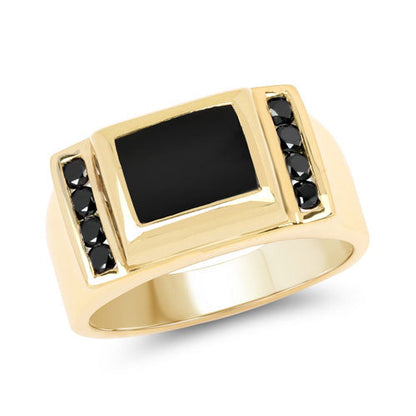 Gold-tone ring with rectangular black onyx center and black diamond side stones on Tampa Home & Garden Store