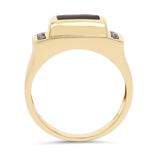 Gold-tone ring with black onyx center stone and black diamond accents, wide band on Tampa Home & Garden Store