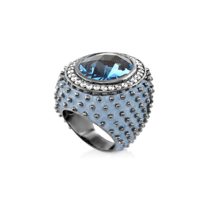 Fresh Fantasy Cocktail Ring by Lauren G Adams blue oval gem with pavé halo and blue studded band on Tampa Home & Garden Store
