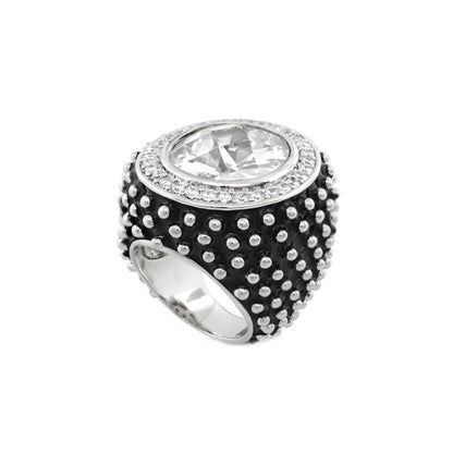 Fresh Fantasy Cocktail Ring — Pavé Halo Dome with clear center gem and black studded band on Tampa Home & Garden Store