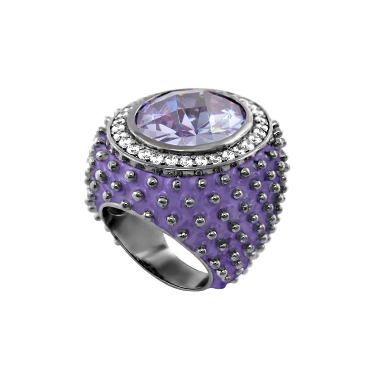 Fresh Fantasy Cocktail Ring — Pavé Halo Dome, purple enamel band with lavender center stone on Tampa Home & Garden Store