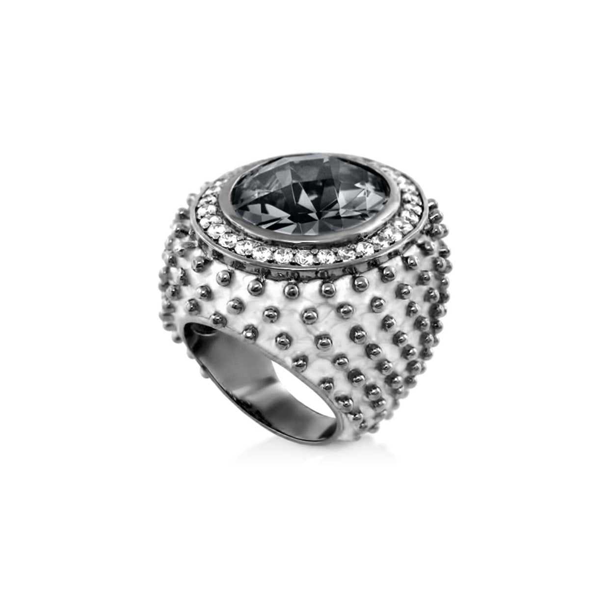 Fresh Fantasy Cocktail Ring Pavé Halo Dome with dark-gray stone on textured silver band on Tampa Home & Garden Store