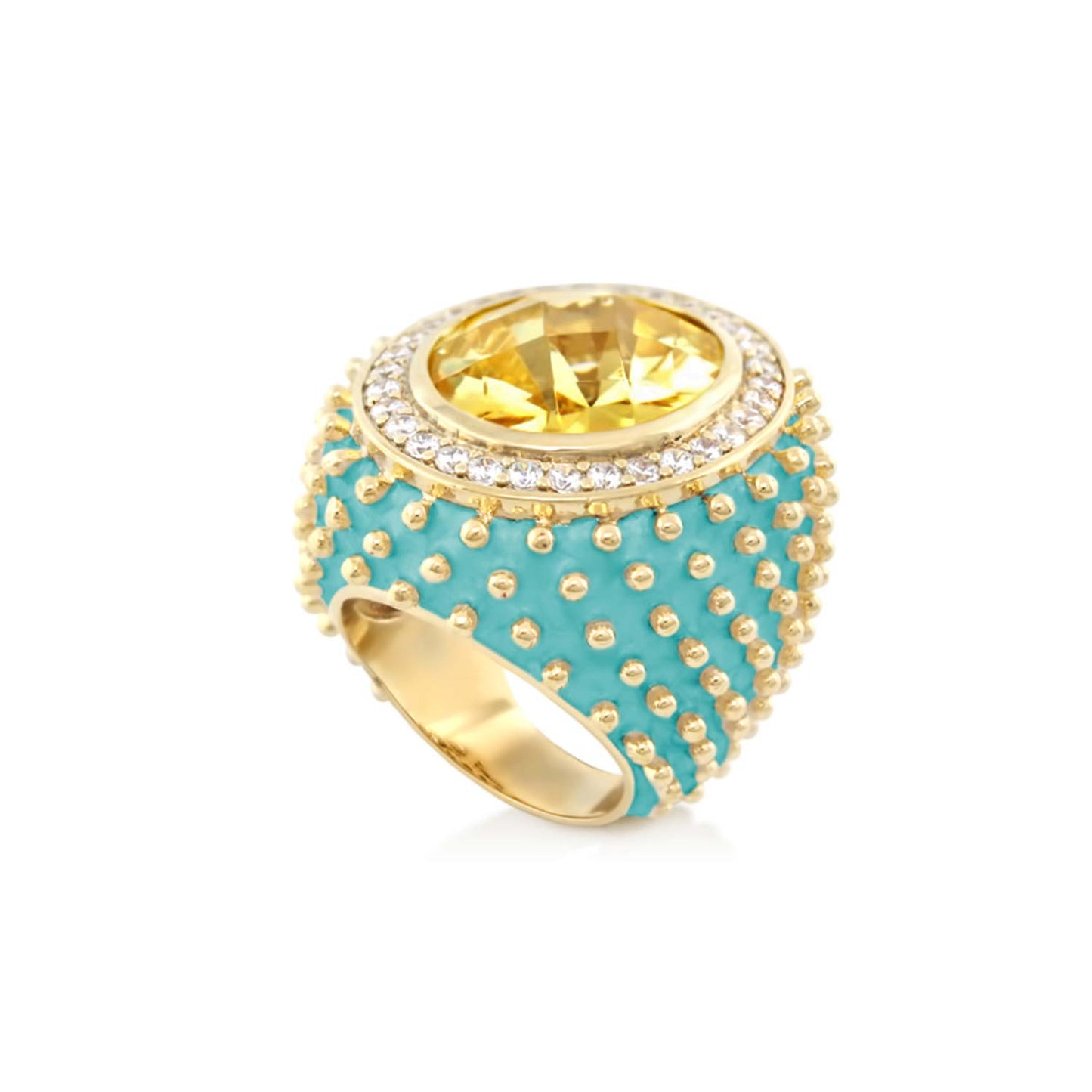 Fresh Fantasy Cocktail Ring Pavé Halo Dome, gold-tone band with turquoise body and crystal halo on Tampa Home & Garden Store